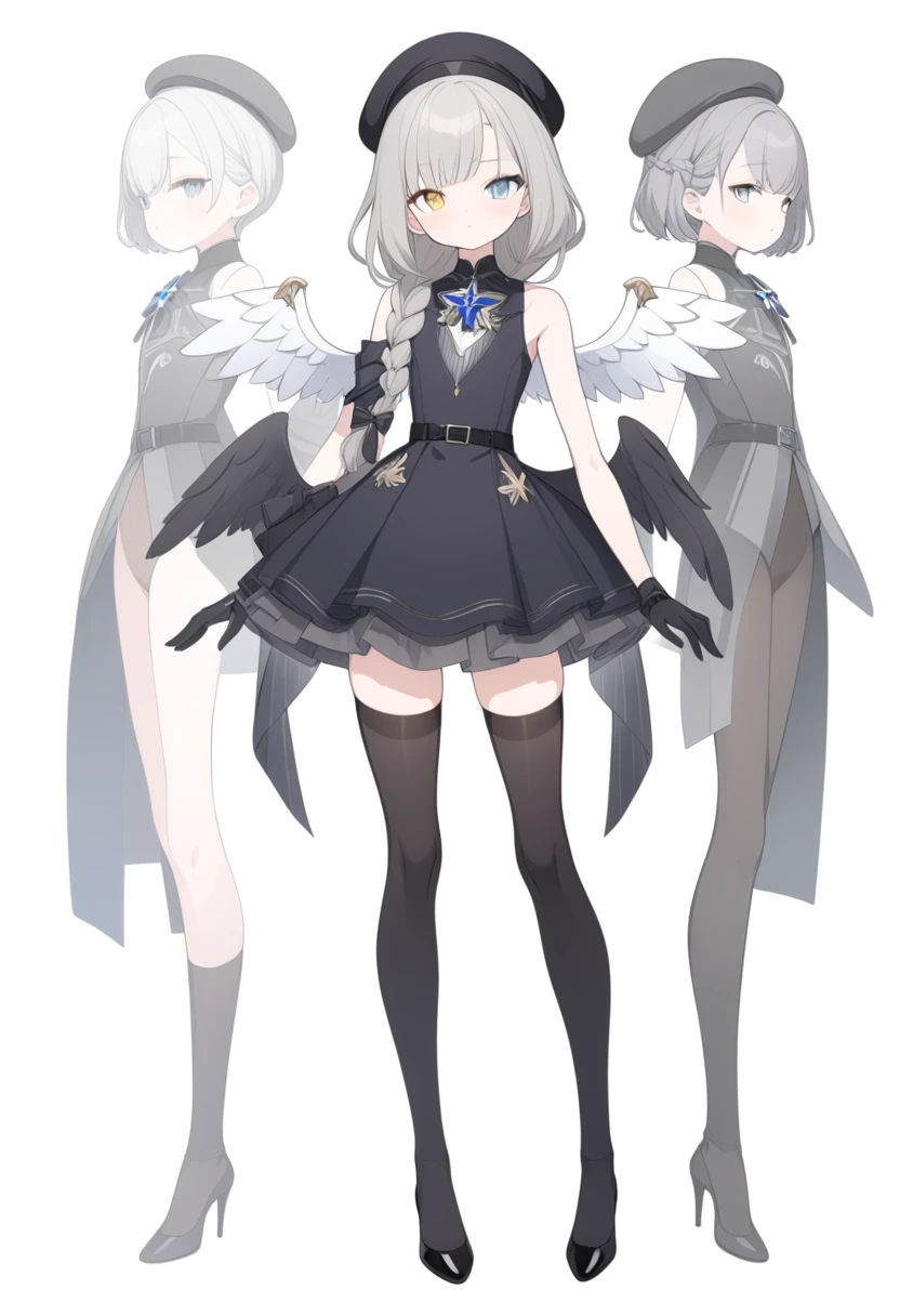 short gray hair, slim build,Braided Cords Braids,short shoulder length hair,small face, short height of 165cm,adorable,The legs are very thin.,The best quality at the best,Exquisite and epic character art., Amazing modern character trending theme.,character design(character reference sheet:1.10),she wears black knee-high stockings,She wears black stiletto heels, She wears a long bell-shaped one-piece dress., He wears black gloves up to his forearm., Women, He has one gray eye and one light blue eye., He wears a French beret with an angel wings emblem, her hair is braided on the left side, It has a star-shaped brooch on the left side, has sectoral heterochromia, He wears a black belt at hip height..