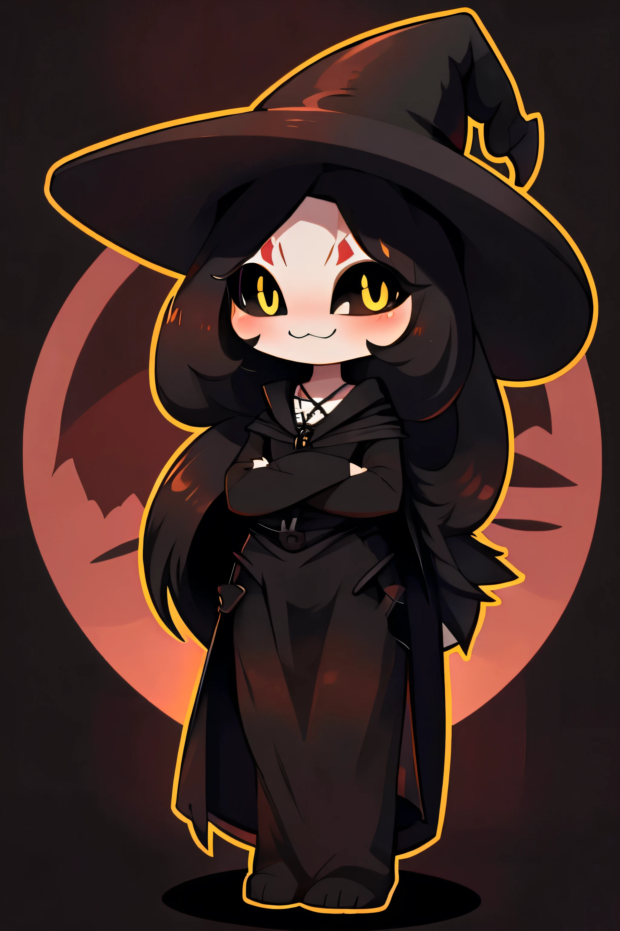 source_anime, male, flat chest, pointy ears, multiple eyes, gothic, witch hat, black clothing, black necklace, solo, light skin, horn, black sclera, yellow pupils, arachnoid, demon, (chibi:1.1), black hair, long hair, cute pose, blushing, smiling