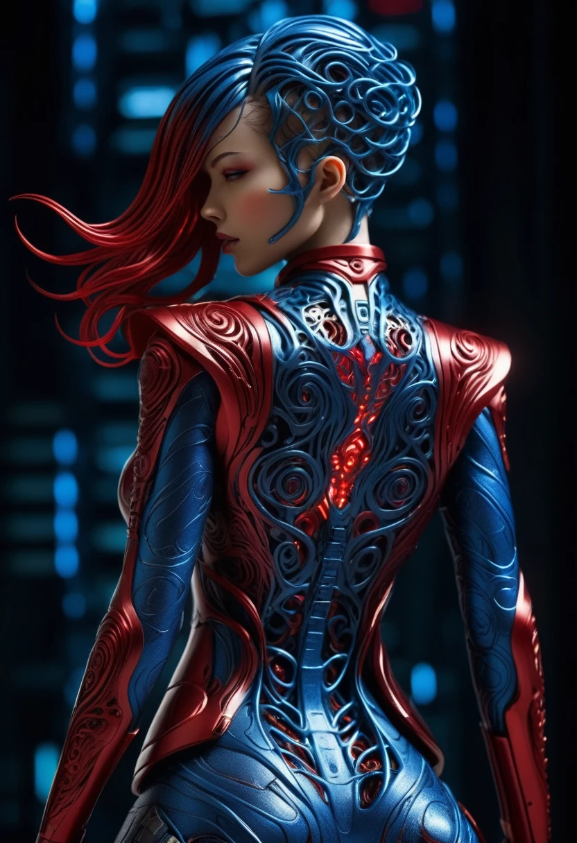 Female figure, cyberpunk, metallic blue and red swirly body, vest filigree, ignition soul flame from hair, biomechanics parts, cyberpunk world