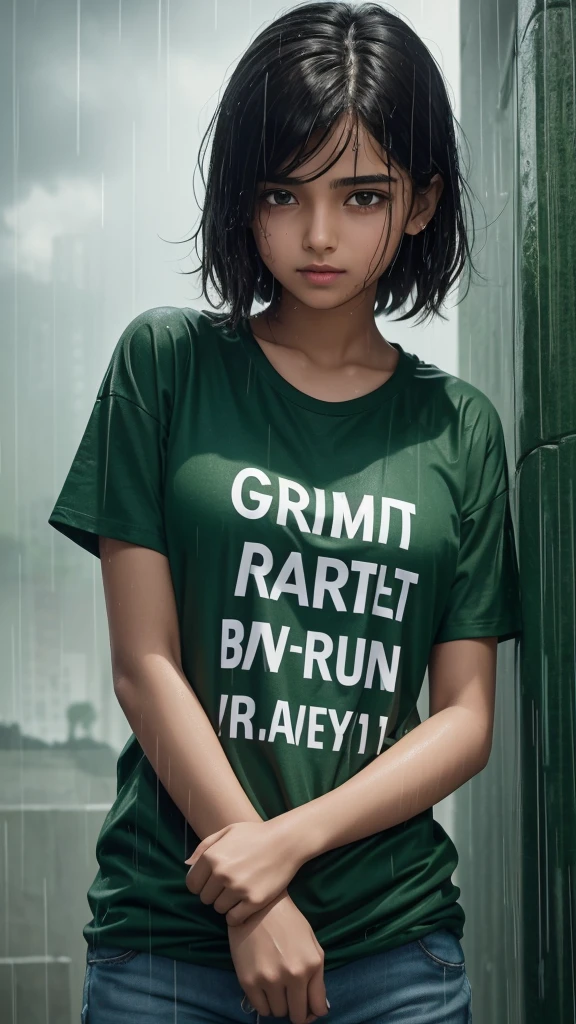 PROMPT :- A smart 19 years old girl and boy is getting drenched in heavy rain, the girl and boy is wearing a green t-shirt, black lower, the name AYAAN is written on the boy t-shirt, the background is market, full HD ultra quality image