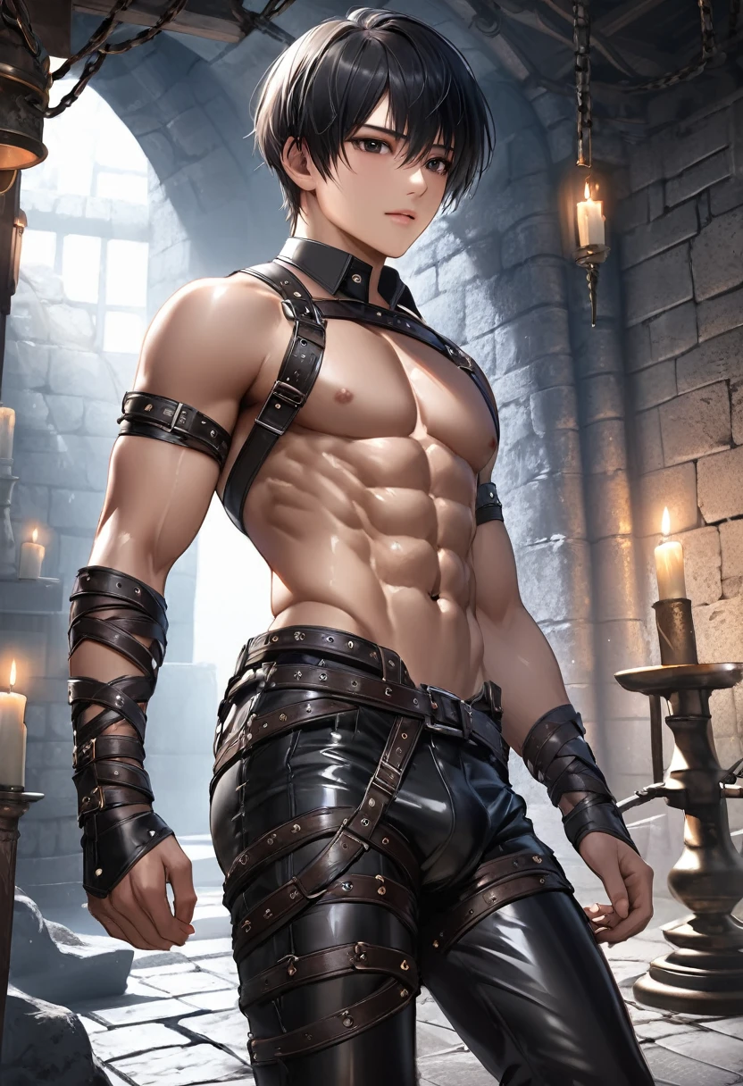 high quality, detailed, Realistic, (19 years old japanese idol slave boy), (detailed black eyes), (black short hair), (abs:1.5), (shiny skin), (leather bondage), dungeon, harness, (leather tiny thongs:1.4), (bulge:1.2), a candle, (detailed nipples), detailed areola, 