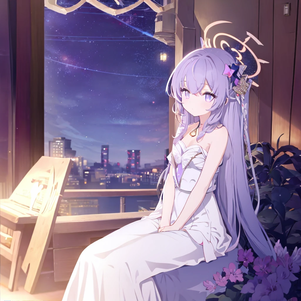 Detailed background, Masterpiece, best quality, 1 person , curly hair, long hair, purple eyes, star in sight , Strapless top, long skirt