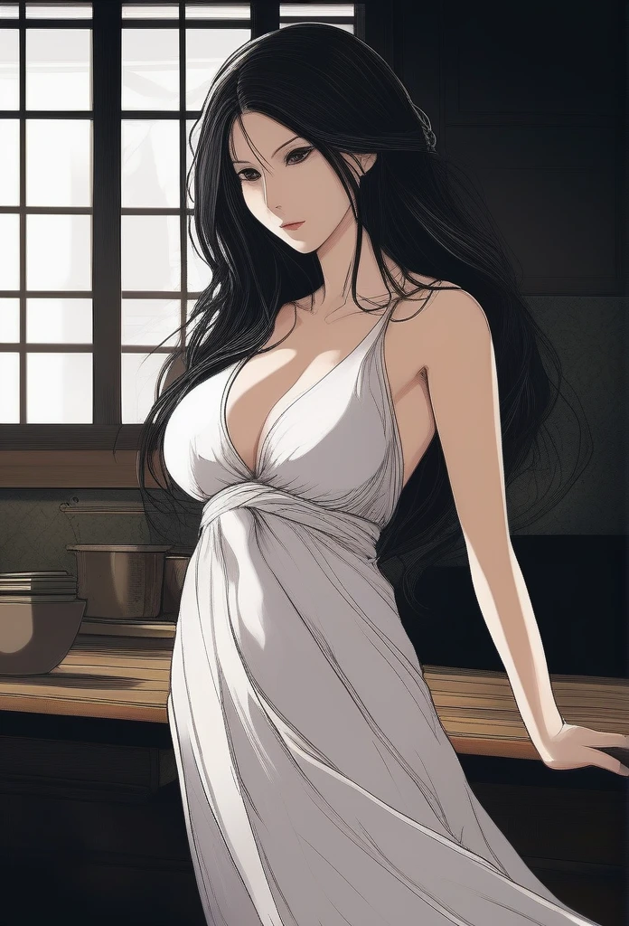 mixed_artwork style, cleavage, sweaty, 1 girl, standing alone, hands, beautiful woman, (work of art), best qualityer, expressive eyes, face perfect, Yamamura Sadako, 1 girl, Sadako, (hair over eyes:1.4), dark theme, curved, dark atmospher, neckleace, cloused mouth, big white dress,cowboy shot, ((from low)), serious, (pale skin:1.2), ashen skin, ( breasts:1.2), (Breasts huge:1.3),