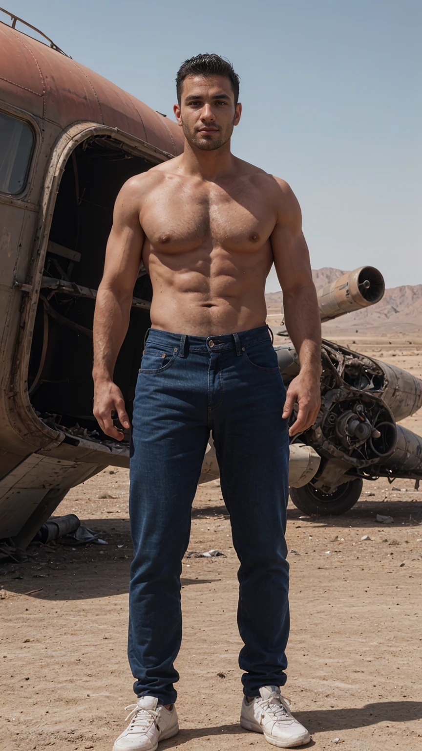 Real image of a handsome athletic Turkish man in his 30s posing in the desert without a shirt. Wearing jean pants. In the background a crashed abandoned and rusty passenger plane.