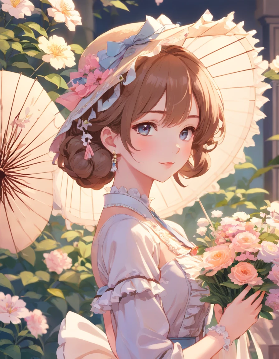 (Masterpiece), (best quality), illustration of Victorian Girl、kawaii girl、aniime、 1. **lo fashion**: Victorian fashion is characterized by dressy and elegant design。Ruffles and laces、corsets、Try incorporating elements such as long dresses。 2. **hairstyle on**: Women's hairstyles in the Victorian era are often complex and delicate。Upstyling and curling、It is also a good idea to add ribbons and floral ornaments to the hair.。 3. **Features**: girl features with soft features、Beautiful、kawaii、intelligent Beatty, Beautiful 5. **accessorized**: Accessories played an important role in the Victorian era。Hats、gloves、umbrellas, etc.、By drawing accessories with attention to detail、You can give your character personality。 Nice dress、florals、Luxurious costumes、PastelColors, (shining brightly), ((dazzling)), (floating a lot of flower petals, ((2D)), ((paper art))、(((グラマラス)))、ふっくら