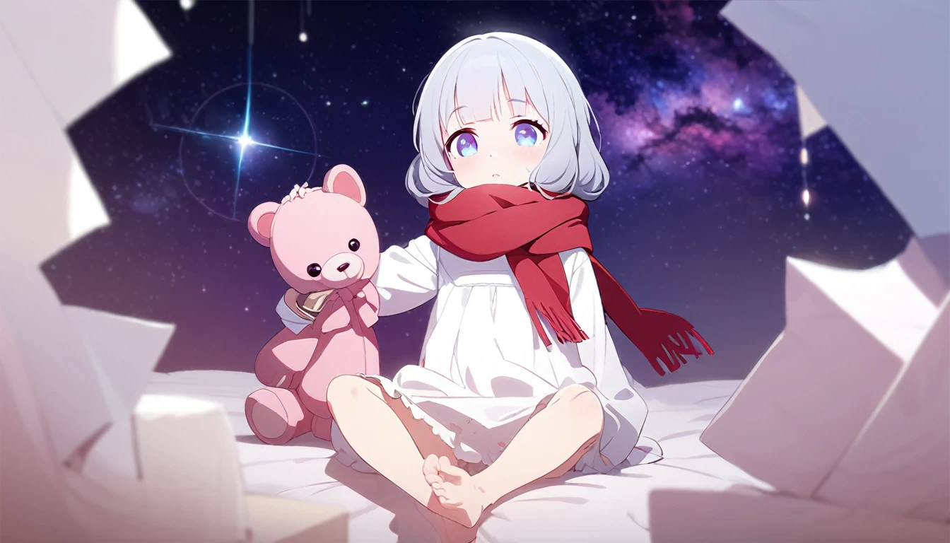 (((masterpiece))), (((best quality))),(((high detail))),light manipulation, girl with long silver hair, gradient purple to sky blue eyes, wearing a white dress, a red scarf, (((loli))), (((child))) , galaxy background, holding a teddy bear, feet, no footwear
