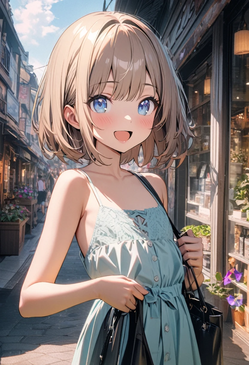 1 girl, 18yo, (flat chest: 1.5), blue eyes, light brown hair, bob cut, summer outfit, smile, open mouth, many potted morning glories, colorful morning glory flowers, upper body, shopping street, bule sky, 8k, RAW photo, best quality, masterpiece, extremely detailed 8k wallpaper, ultra-detailed, best shadow, detailed background, beautiful detailed face, beautiful detailed eyes, nice hands, perfect hands