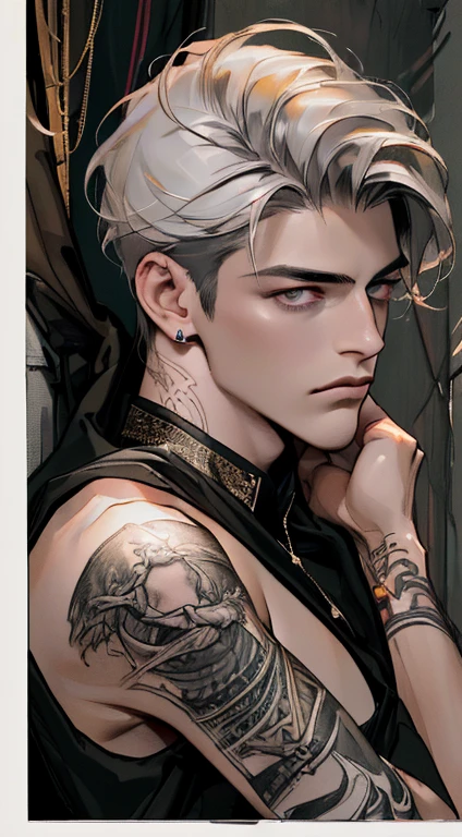 (((8K, RAW photos, Best quality, tmasterpiece: 1.4))), Ultra-high resolution, ultra - detailed, lamplight, Close-up cleavage, Handsome men, gold eyes, (Detailed eyes, The eyes are bright:1.2), Medium long red hair, pale-skinned, ear piercings, Dark, Blackn clothes, Meticulous clothes, gold accessories on clothes, (perfect anatomia:1.2), Highqualityshadow, natural  lightting, (White highlights:1.2), natta, overcast day, (arm tattoos:1.2), (starrysky:1.2)，Masterpiece, high quality, best quality, HD, realistic, perfect lighting, detailed body, 1 man, dark White hair , face expression, black military suit, in the cave,