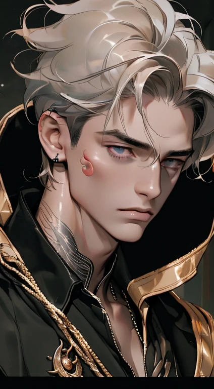 (((8K, RAW photos, Best quality, tmasterpiece: 1.4))), Ultra-high resolution, ultra - detailed, lamplight, Close-up cleavage, Handsome men, gold eyes, (Detailed eyes, The eyes are bright:1.2), Medium long red hair, pale-skinned, ear piercings, Dark, Blackn clothes, Meticulous clothes, gold accessories on clothes, (perfect anatomia:1.2), Highqualityshadow, natural lightting, (White highlights:1.2), natta, overcast day, (arm tattoos:1.2), (starrysky:1.2),Masterpiece, high quality, best quality, HD, realistic, perfect lighting, detailed body, 1 man, dark White hair , face expression, black military suit, in the cave,