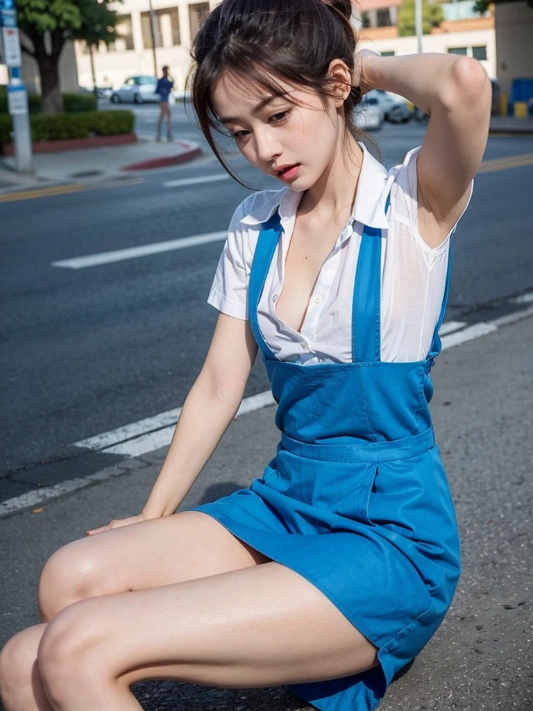 girl with pretty face, hair tied in ponytail,  black or brown hair,  white shirt, blue pinafore, uniform, school logo, tiny breast, flat chest, cleavage showing through her unbuttoned shirt, seductive face, frown, winking face, detailed armpit, legs spread wide, small , fully unbuttoned white shirt, opened shirt, panties pulled down to knee, show ass, middle of the street, in public, outside, armpits getting licked, armpit licking