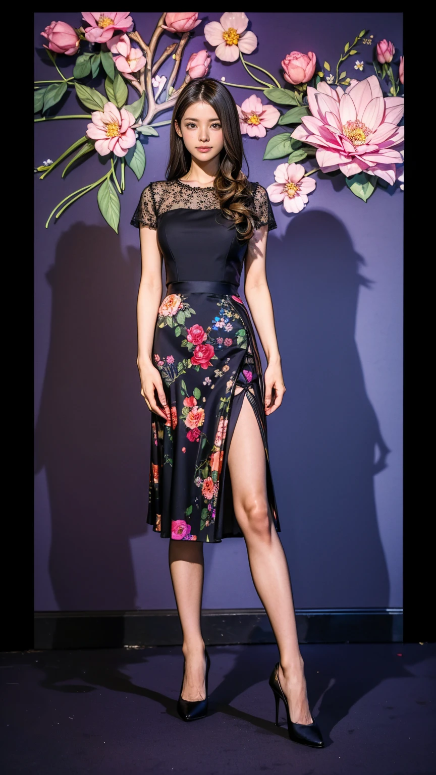 ((masterpiece)),(((Highest quality))),Thin thighs,Long legs,whole body:1.5,(One Girl:1.3),(Black pantyhose and thick pointy heels:1.3),(Wearing a floral long skirt dress:1.2),Short Blonde:1.2、Model pose,