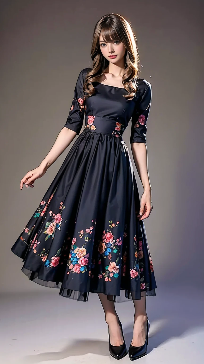 ((masterpiece)),(((Highest quality))),Thin thighs,Long legs,whole body:1.5,(One Girl:1.3),(Black hose and thick pointy heels:1.3),(Wearing a floral long skirt dress:1.2),Short Blonde:1.2、Model pose,