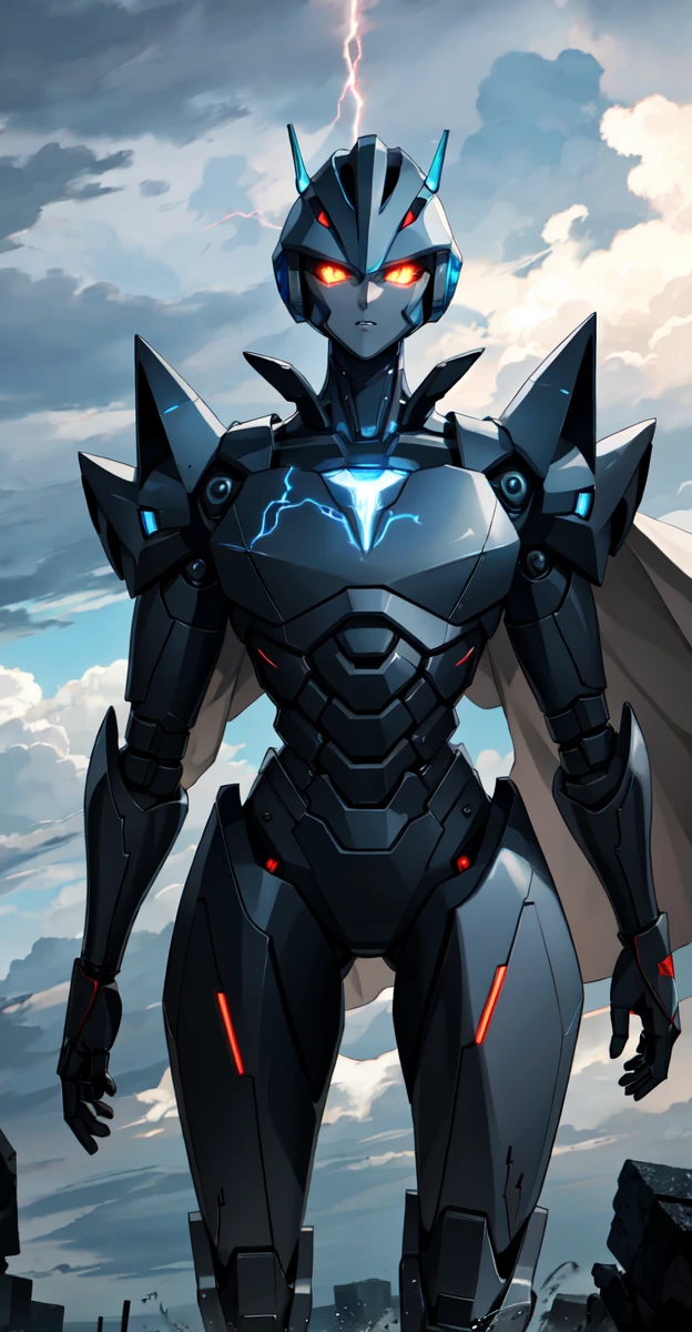 A colossal robot standing in the midst of a violent thunderstorm. The robot has a powerful and intimidating presence with a sleek, armored body in shades of dark blue and red. Its eyes are glowing brightly, and a radiant energy core is visible on its chest. Lightning bolts are striking around and onto the robot, illuminating the scene with intense, dramatic light. The robot’s cape is tattered and flutters in the fierce wind. The background is filled with dark, stormy clouds, with occasional bursts of lightning cutting through the sky. The overall atmosphere is intense and electrifying, conveying a sense of epic power and dominance.