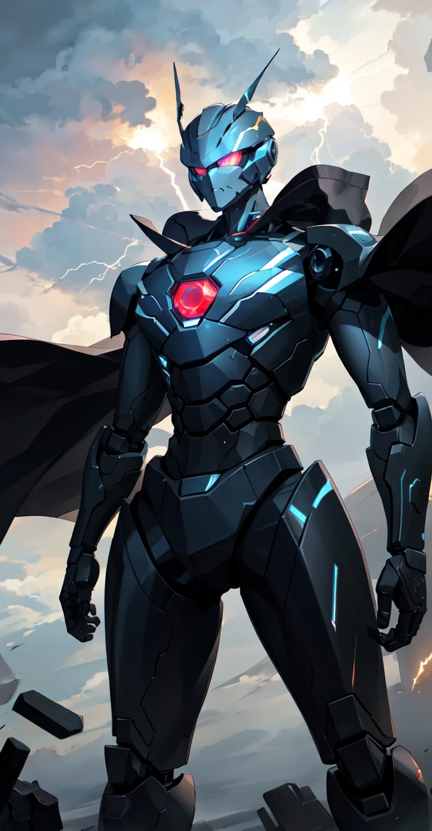 A colossal robot standing in the midst of a violent thunderstorm. The robot has a powerful and intimidating presence with a sleek, armored body in shades of dark blue and red. Its eyes are glowing brightly, and a radiant energy core is visible on its chest. Lightning bolts are striking around and onto the robot, illuminating the scene with intense, dramatic light. The robot’s cape is tattered and flutters in the fierce wind. The background is filled with dark, stormy clouds, with occasional bursts of lightning cutting through the sky. The overall atmosphere is intense and electrifying, conveying a sense of epic power and dominance.