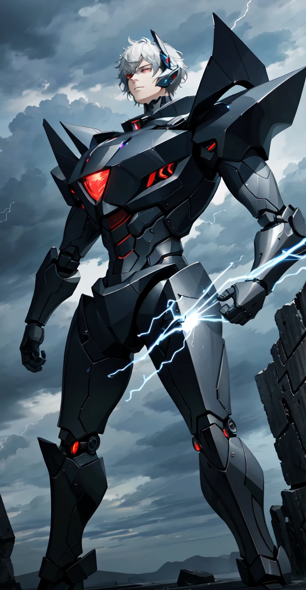 A colossal robot standing in the midst of a violent thunderstorm. The robot has a powerful and intimidating presence with a sleek, armored body in shades of dark blue and red. Its eyes are glowing brightly, and a radiant energy core is visible on its chest. Lightning bolts are striking around and onto the robot, illuminating the scene with intense, dramatic light. The robot’s cape is tattered and flutters in the fierce wind. The background is filled with dark, stormy clouds, with occasional bursts of lightning cutting through the sky. The overall atmosphere is intense and electrifying, conveying a sense of epic power and dominance.