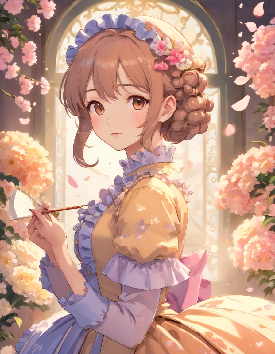 (Masterpiece), (best quality), illustration of Victorian Girl、kawaii girl、aniime、 1. **lo fashion**: Victorian fashion is characterized by dressy and elegant design。Ruffles and laces、corsets、Try incorporating elements such as long dresses。 2. **hairstyle on**: Women's hairstyles in the Victorian era are often complex and delicate。Upstyling and curling、It is also a good idea to add ribbons and floral ornaments to the hair.。 3. **Features**: girl features with soft features、Beautiful、kawaii、intelligent Beatty, Beautiful 5. **accessorized**: Accessories played an important role in the Victorian era。Hats、gloves、umbrellas, etc.、By drawing accessories with attention to detail、You can give your character personality。 Nice dress、florals、Luxurious costumes、PastelColors, (shining brightly), ((dazzling)), (floating a lot of flower petals, ((2D)), ((paper art))、(((グラマラス)))、ふっくら
