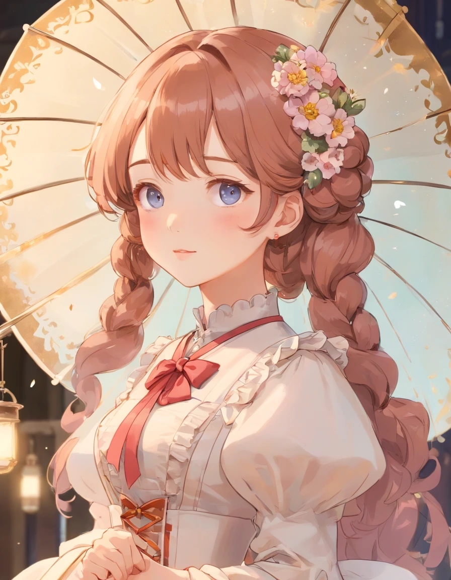 (Masterpiece), (best quality), illustration of Victorian Girl、kawaii girl、aniime、 1. **lo fashion**: Victorian fashion is characterized by dressy and elegant design。Ruffles and laces、corsets、Try incorporating elements such as long dresses。 2. **hairstyle on**: Women's hairstyles in the Victorian era are often complex and delicate。Upstyling and curling、It is also a good idea to add ribbons and floral ornaments to the hair.。 3. **Features**: girl features with soft features、Beautiful、kawaii、intelligent Beatty, Beautiful 5. **accessorized**: Accessories played an important role in the Victorian era。Hats、gloves、umbrellas, etc.、By drawing accessories with attention to detail、You can give your character personality。 Nice dress、florals、Luxurious costumes、PastelColors, (shining brightly), ((dazzling)), (floating a lot of flower petals, ((2D)), ((paper art))、(((グラマラス)))、ふっくら