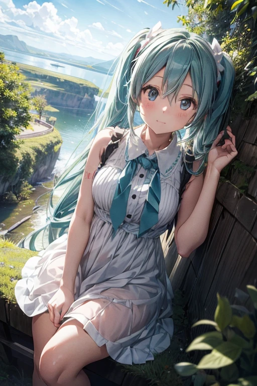 Hatsune Miku in a white dress is placed at a distance in the middle of nature with a beautiful blue sky in the background.