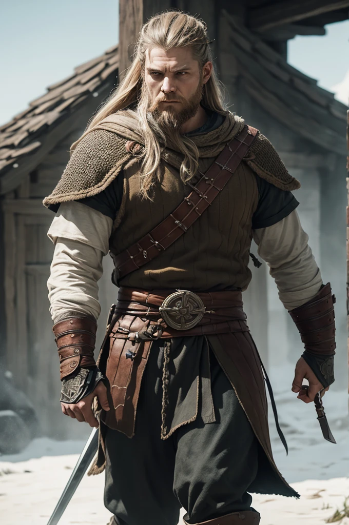 Create a Viking image with the style of Assassin&#39;s Creed, with brown hair, the image must show 4 different positions in a single image