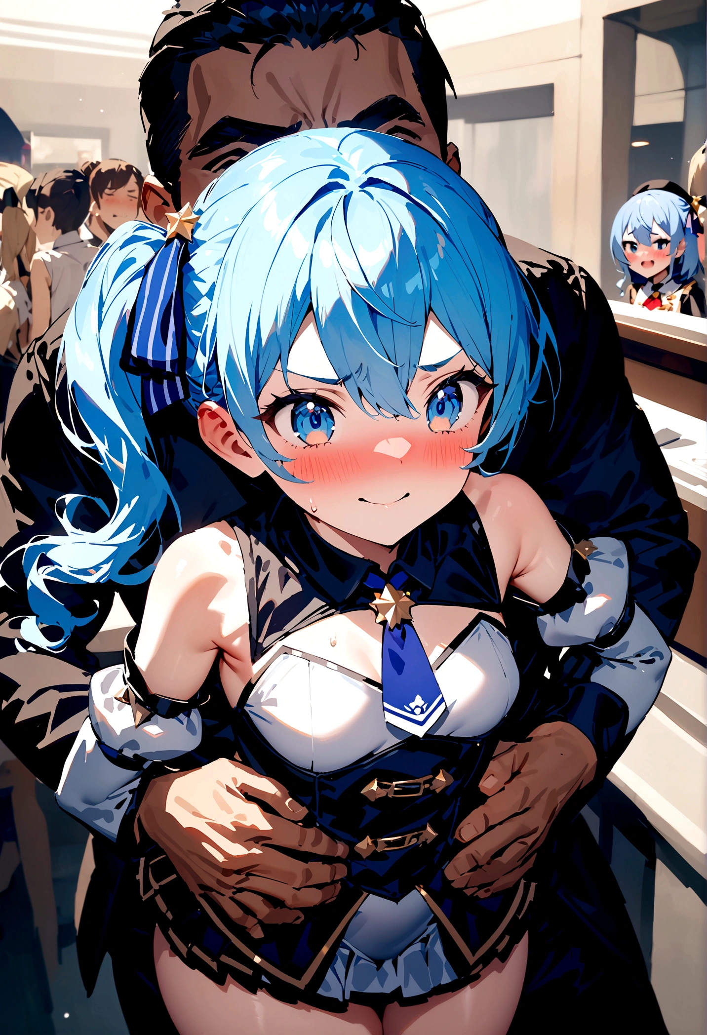 NSFW,masterpiece,Highest quality,High resolution,Super detailed,Star Town Suisei\(Hololive\),Blue Hair,One Side Ponytail,Blue Eyes,Small breasts,White leotard,High leg,Removable sleeves,Micro Mini Skirt,Adventurer's Guild,Reception counter,Embarrassed,blush,Expecting face,is nervous,(Molester),(Strong-faced men),Smiling man,A man puts his hands on her waist and hugs her