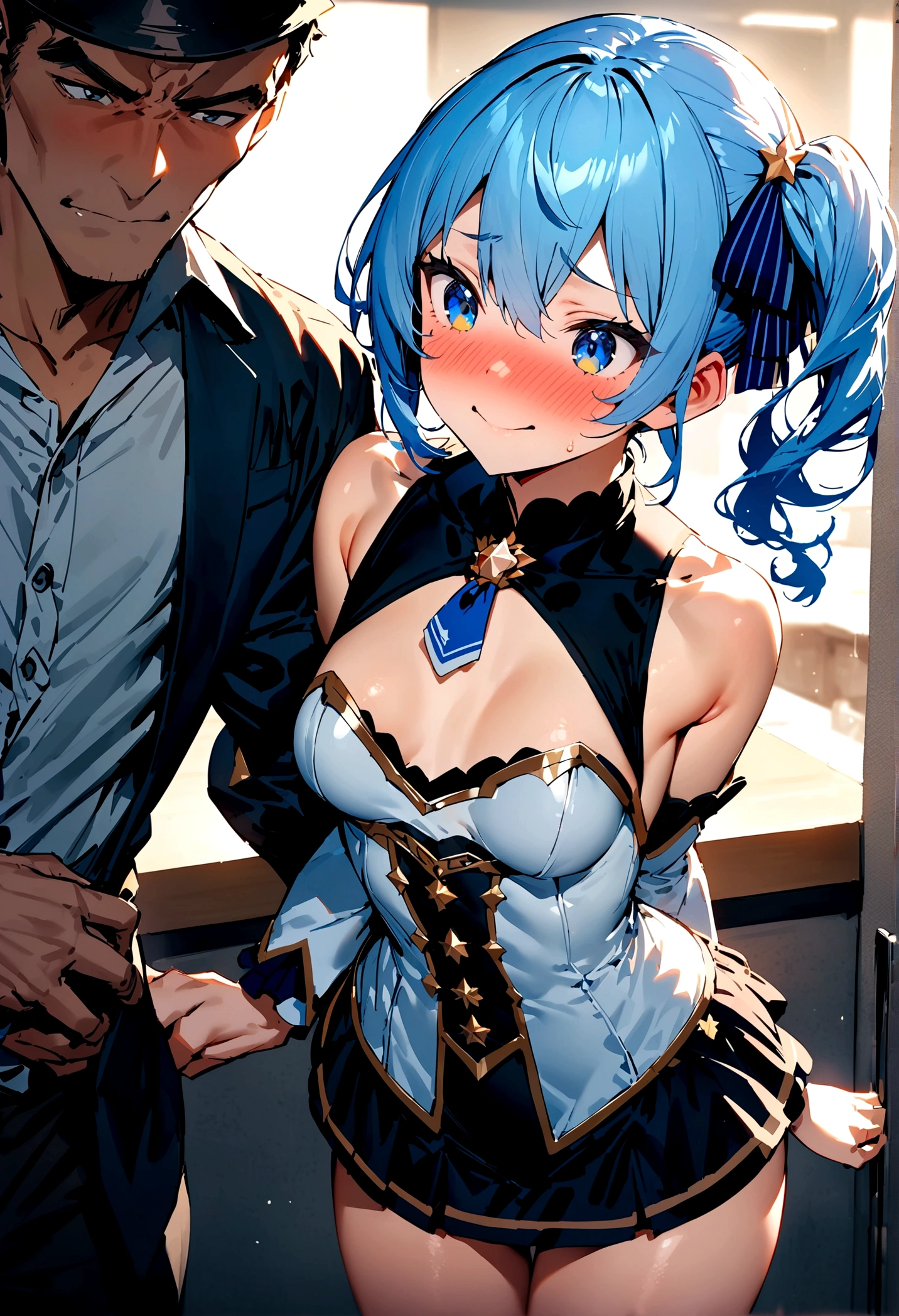 NSFW,masterpiece,Highest quality,High resolution,Super detailed,Star Town Suisei\(Hololive\),Blue Hair,One Side Ponytail,Blue Eyes,Small breasts,White leotard,High leg,Removable sleeves,Micro Mini Skirt,Adventurer's Guild,Reception counter,Embarrassed,blush,Expecting face,is nervous,(Molester),(Strong-faced men),Smiling man,A man puts his hands on her waist and hugs her