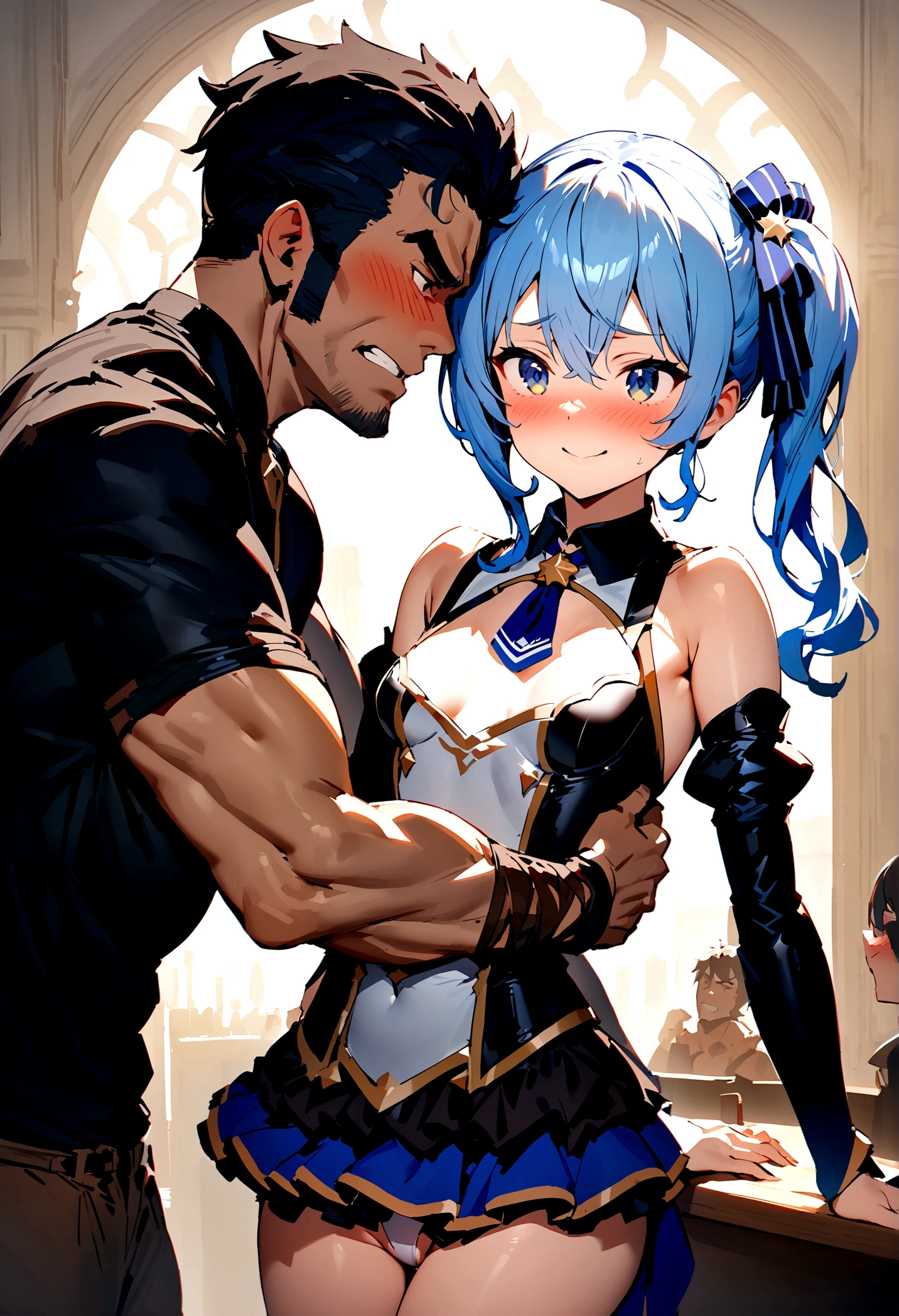 NSFW,masterpiece,Highest quality,High resolution,Super detailed,Star Town Suisei\(Hololive\),Blue Hair,One Side Ponytail,Blue Eyes,Small breasts,White leotard,High leg,Removable sleeves,Micro Mini Skirt,Adventurer's Guild,Reception counter,Embarrassed,blush,Expecting face,is nervous,(Molester),(Strong-faced men),Smiling man,A man puts his hands on her waist and hugs her