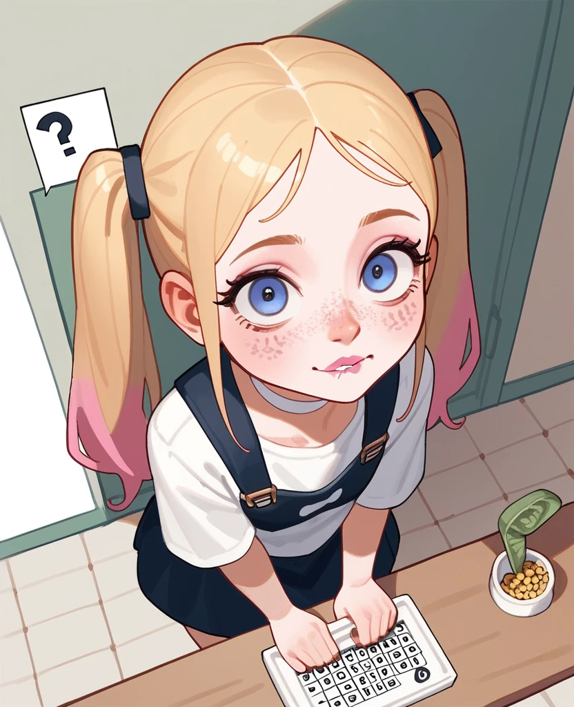 punctuation_9,punctuation_8_High above,punctuation_7_High above,punctuation_6_High above,punctuation_5_High above,punctuation_4_High above,
1 girl, Bela , hair blonde, em twintails, cabelo High above de 1 olho, cute nose. biting your lip, seducer, white choker, pink lips, freckles,