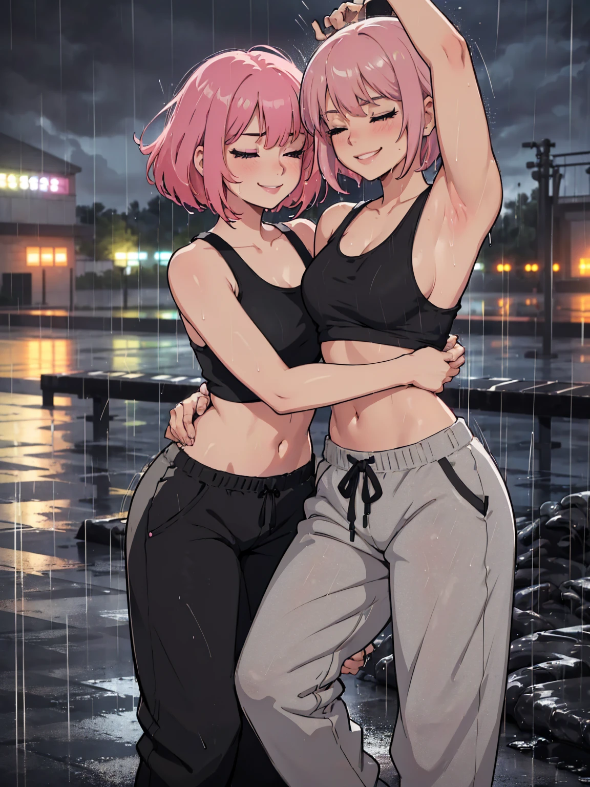 masterpiece, best quality, lineart, anime screencap, sketch, (1girl), (pink hair, bob cut, bangs, hair swaying from the wind:1.3), (red eyes, bright pupils, sparkling eyes:1.15), (wearing black tank top, black tank top, grey pants, grey jogging pants:1.4), (wet clothes, soaked clothes, damp clothes:1.3), solo, (smiling, dancing, dancing in the rain:1.4), (closed eyes), light particles, scenery, outdoors, dirt field, muddy fields, cloudy sky, grey skies, rain, bokeh, ambient lighting, vibrant colors, blurry background, 200mm lens, 