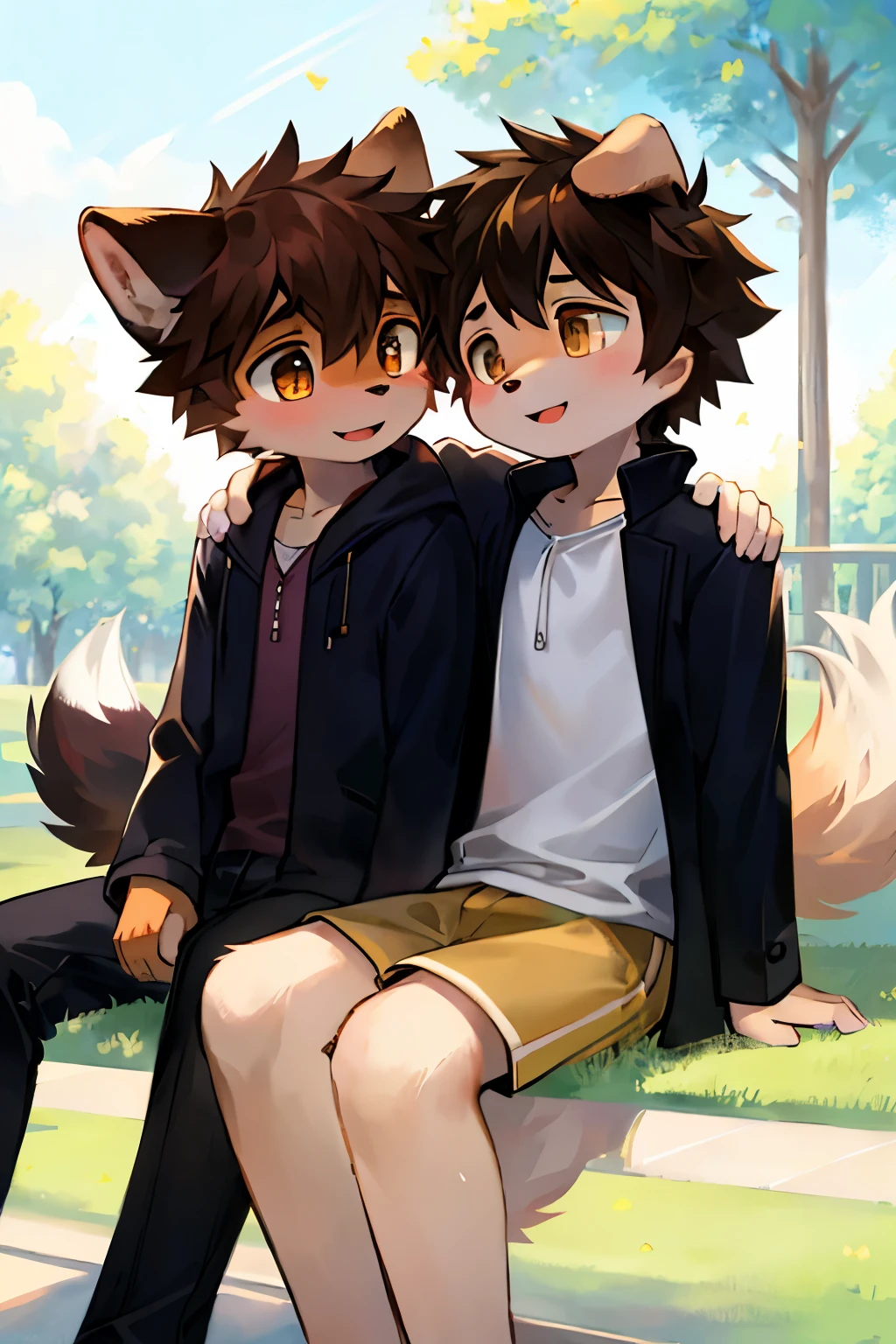 A young boy, dressed in casual attire, is playing with a lovable, fluffy dog. The dog, with its shiny black coat and bright, sparkling eyes, is sitting obediently by his side. Its ears are perked up, and its tail is wagging in excitement. The boy, with messy, sun-kissed brown hair, is petting the dog gently, both of them having fun on a sunny day at the park. The scene is beautifully captured, with bright colors and sharp details, highlighting the joy and playfulness of their moment together. [Quality: 1.4, Details: 1.2, Artwork of a: 0.8]