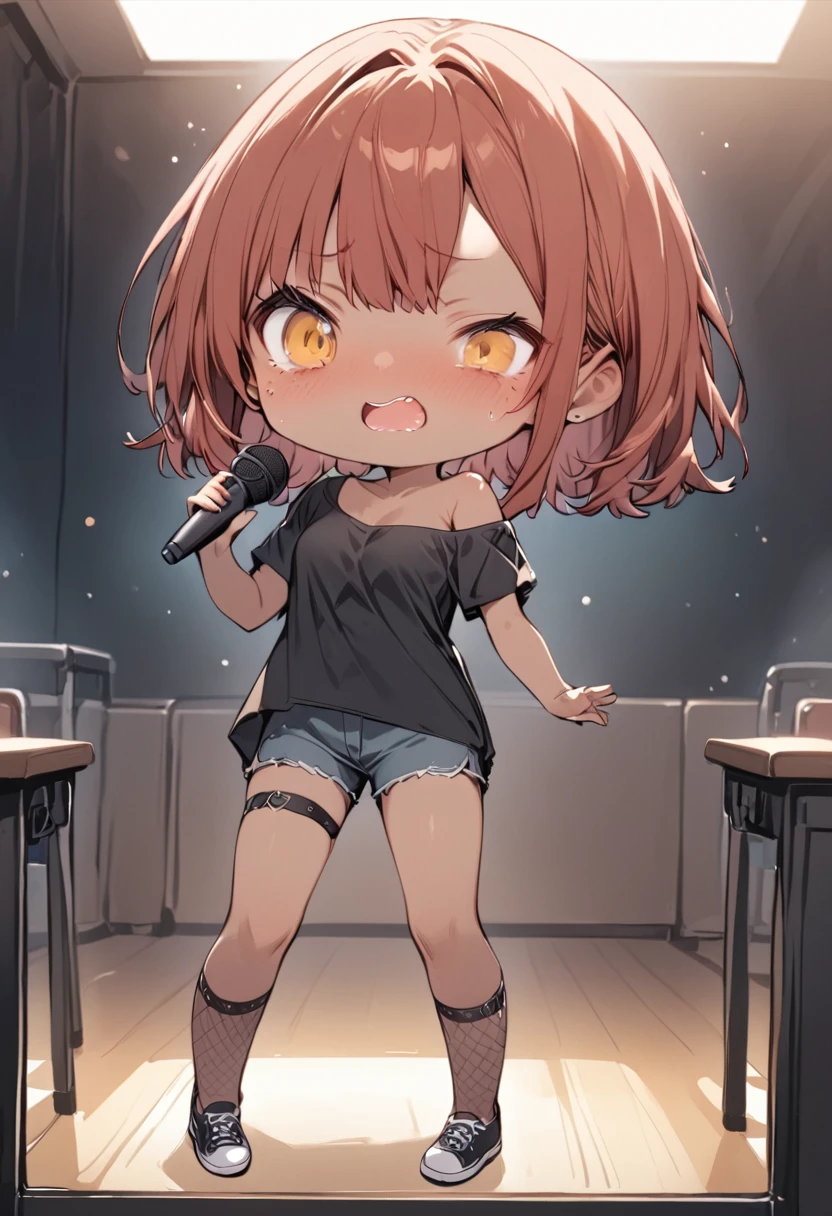 full body,1 girl, (cute:1.3),short red Hair, left eye blue, right eye yellow, tan skin, freckles, oversized black shirt, Black fishnet stockings, shorts, Shoes, off shoulder, medium breasts, thigh strap, fishnet stockings, chibi emote, chibi character, chibi, holding microphone, singing into microphone, singing, karaoke, embarrassed expression 