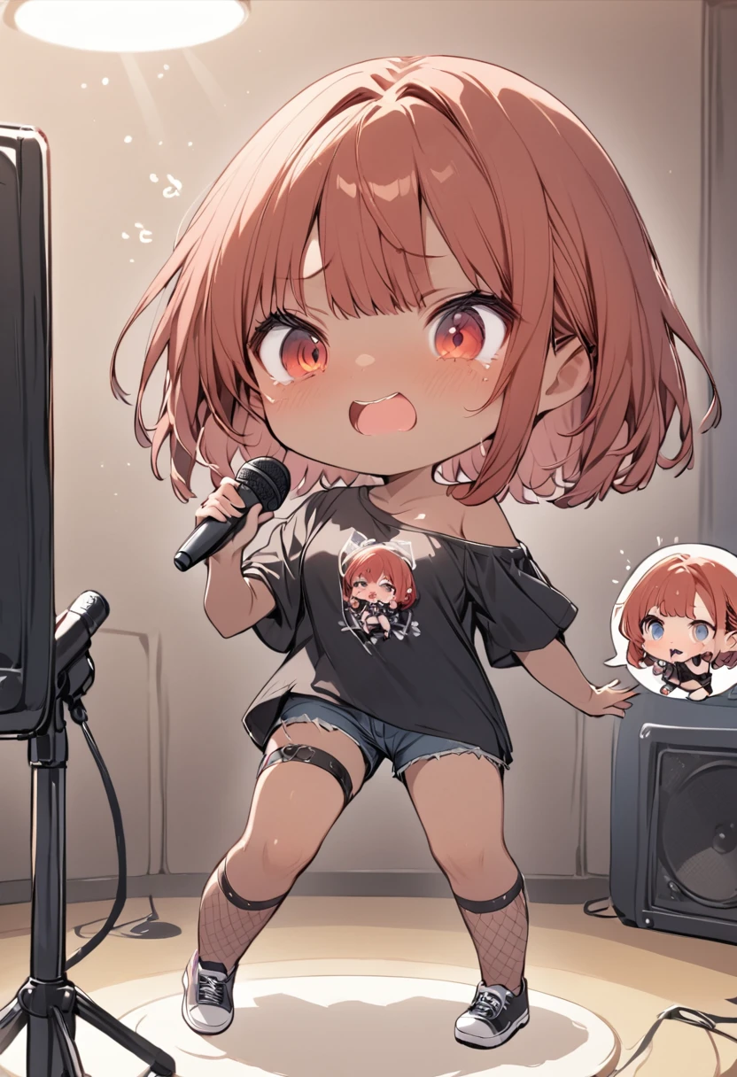 full body,1 girl, (cute:1.3),short red Hair, left eye blue, right eye yellow, tan skin, freckles, oversized black shirt, Black fishnet stockings, shorts, Shoes, off shoulder, medium breasts, thigh strap, fishnet stockings, chibi emote, chibi character, chibi, holding microphone, singing into microphone, singing, karaoke, embarrassed expression 