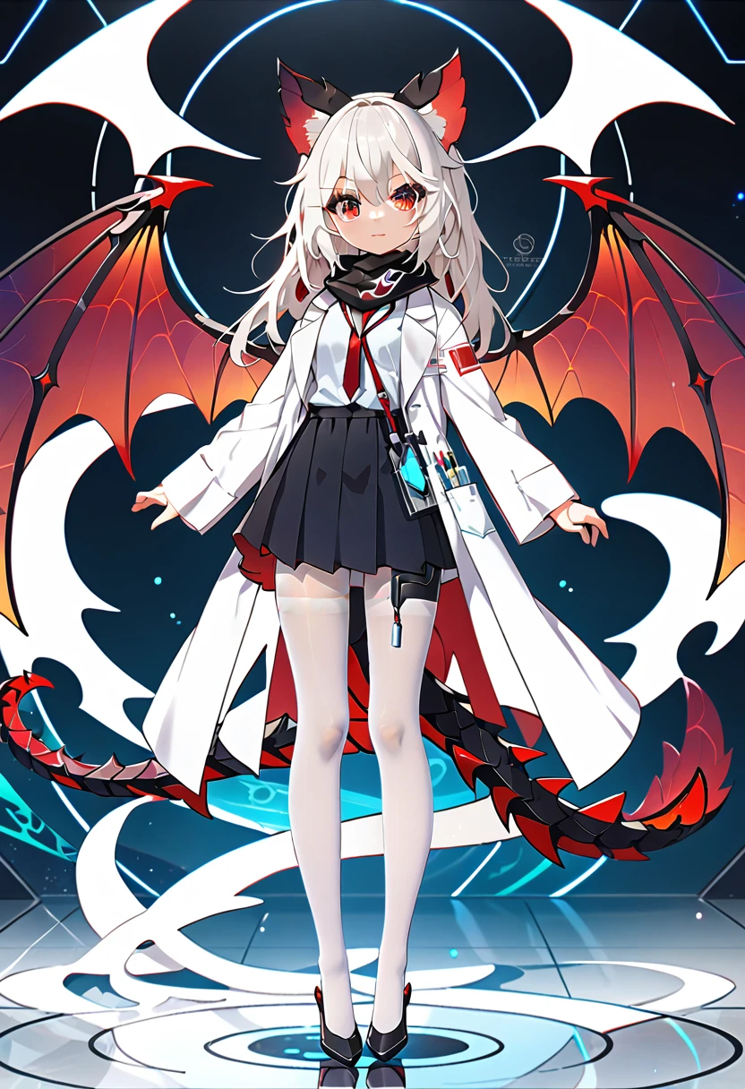 masterpiece, highest quality, highest resolution, clear_image, detailed details, White hair, long hair, cat ears, 1 girl, red eyes, white lab coat (with a black short skirt), white pantyhose, white scarf (around the neck), futuristic dragon wings (6 wings), cute, full body, no water marks, laboratory, no extra limps, no extra body