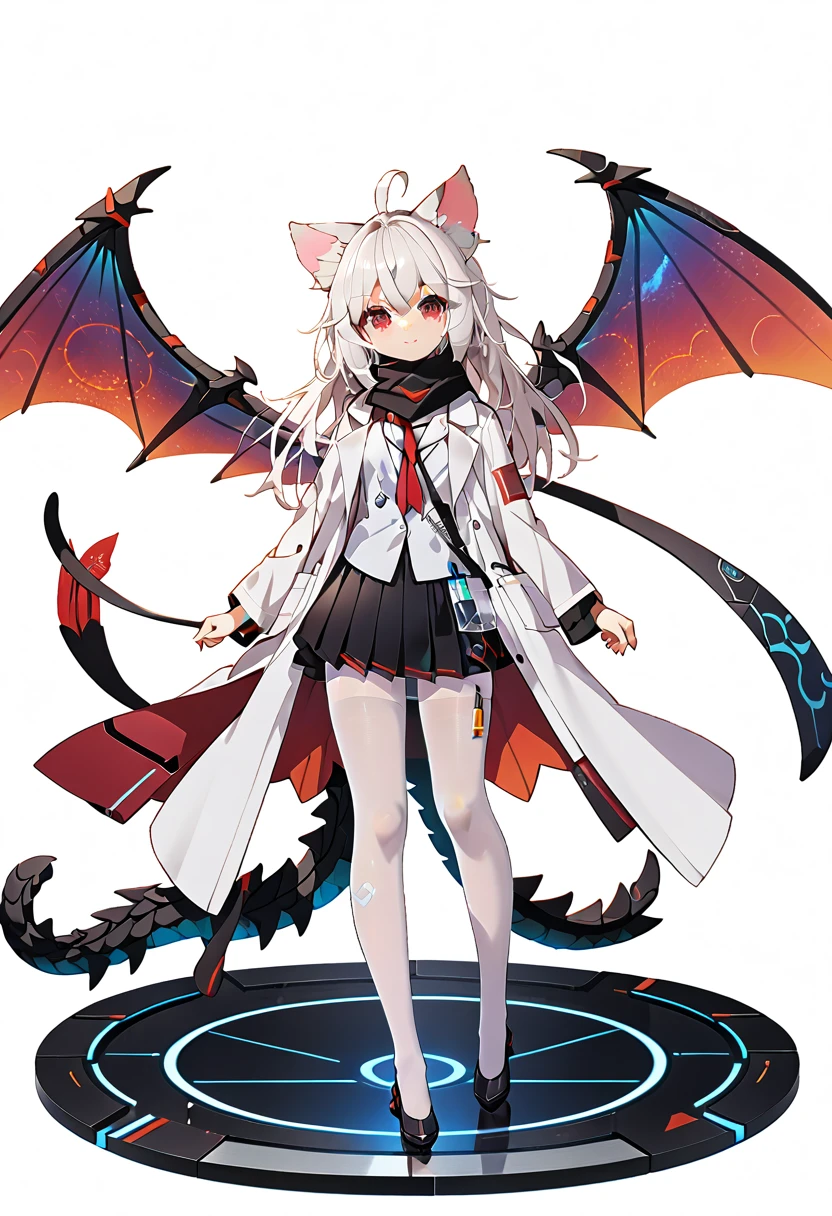 masterpiece, highest quality, highest resolution, clear_image, detailed details, White hair, long hair, cat ears, 1 girl, red eyes, white lab coat (with a black short skirt), white pantyhose, white scarf (around the neck), futuristic dragon wings (6 wings), cute, full body, no water marks, laboratory, no extra limps, no extra body
