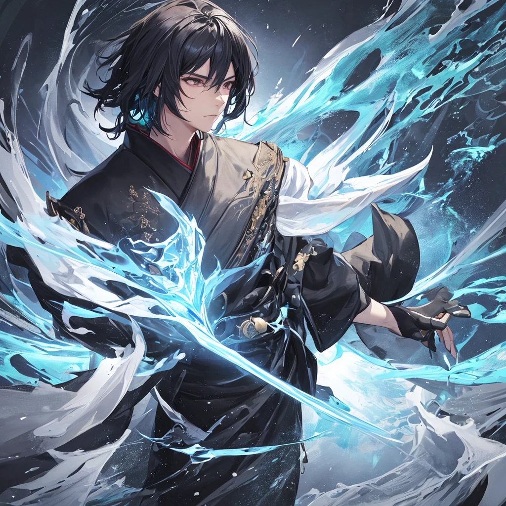 clearing, here is the description focused only on the character Gabriel:

Gabriel is standing, displaying a majestic and powerful presence. He wears an elegant black kimono, decorated with subtle details that combine samurai and ancient Chinese elements. His katana is a blade of vibrant blue energy, emitting a pulsating electric glow around you. Gabriel&#39;s wings are made of pure energy, similar to luminous feathers that radiate a soft, heavenly light. In your firm and determined stance, Gabriel personifies the combination of elegance and strength, standing out as a celestial being in his own right.