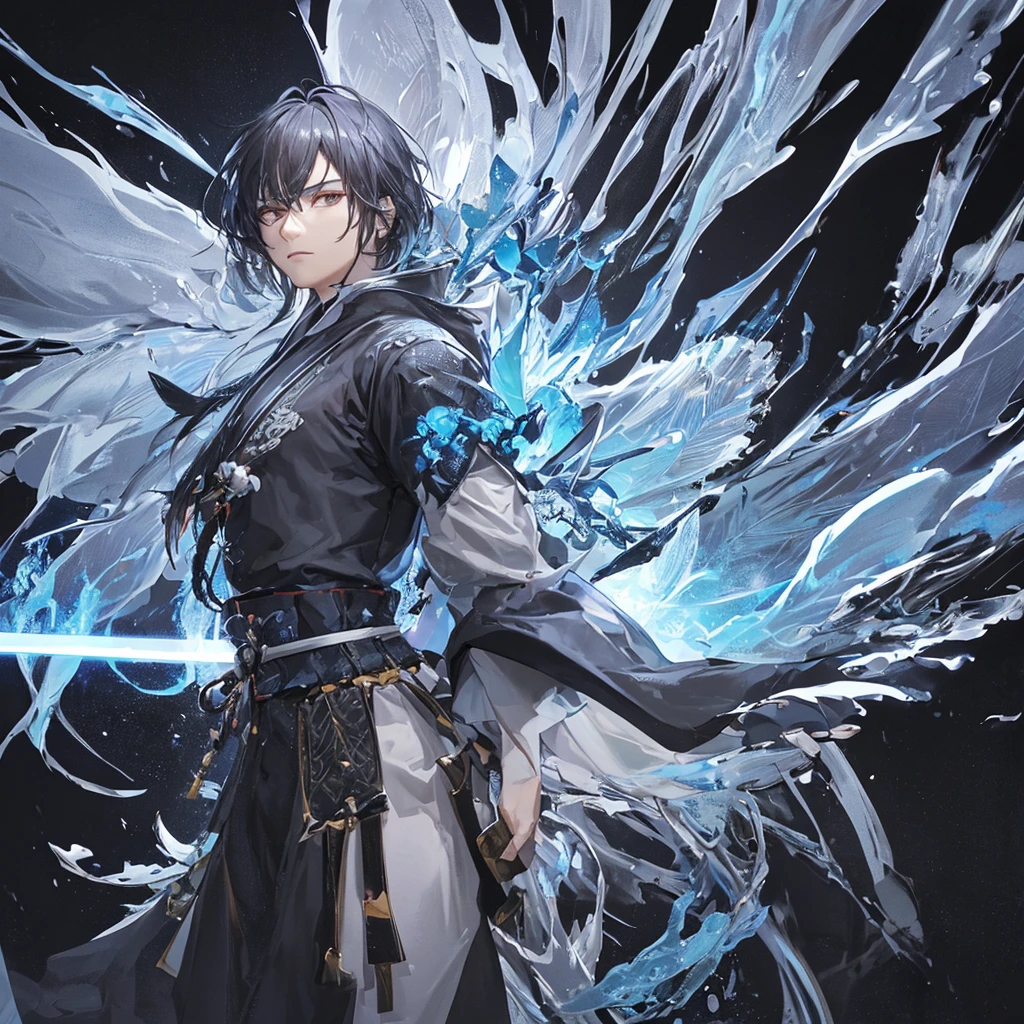 clearing, here is the description focused only on the character Gabriel:
Gabriel is standing, displaying a majestic and powerful presence. He wears an elegant black kimono, decorated with subtle details that combine samurai and ancient Chinese elements. His katana is a blade of vibrant blue energy, emitting a pulsating electric glow around you. Gabriel's wings are made of pure energy, similar to luminous feathers that radiate a soft, heavenly light. In your firm and determined stance, Gabriel personifies the combination of elegance and strength, standing out as a celestial being in his own right.