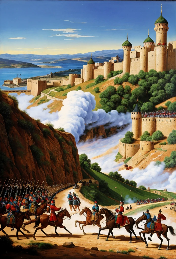 A dramatic painting of a battle scene between Russian and Ottoman soldiers in the 16th century. The background shows a fortified city with towering walls and minarets. The Russian soldiers are clad in traditional armor, while the Ottoman forces are depicted with their iconic turbans and curved swords. The sky is filled with smoke and the colors are intense, highlighting the fierce nature of the conflict