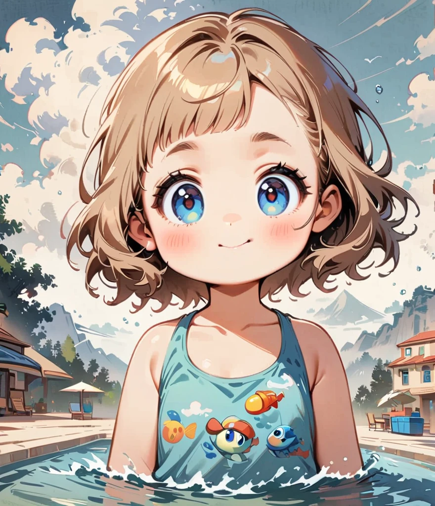 Wearing a float、Water is splashing out of a water gun、Pool、Cartoon style character design，1 Girl, alone，Big eyes，Cute expression，Tank top、interesting，interesting，Clean Lines