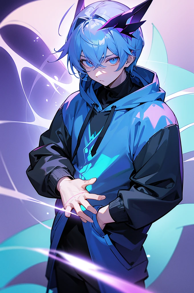 masterpiece、 One boy、 Clad in purple darkness、 Light blue glowing eyes、 Light blue aura from eyes、 Black hoodie、 Put your hands in your pockets、