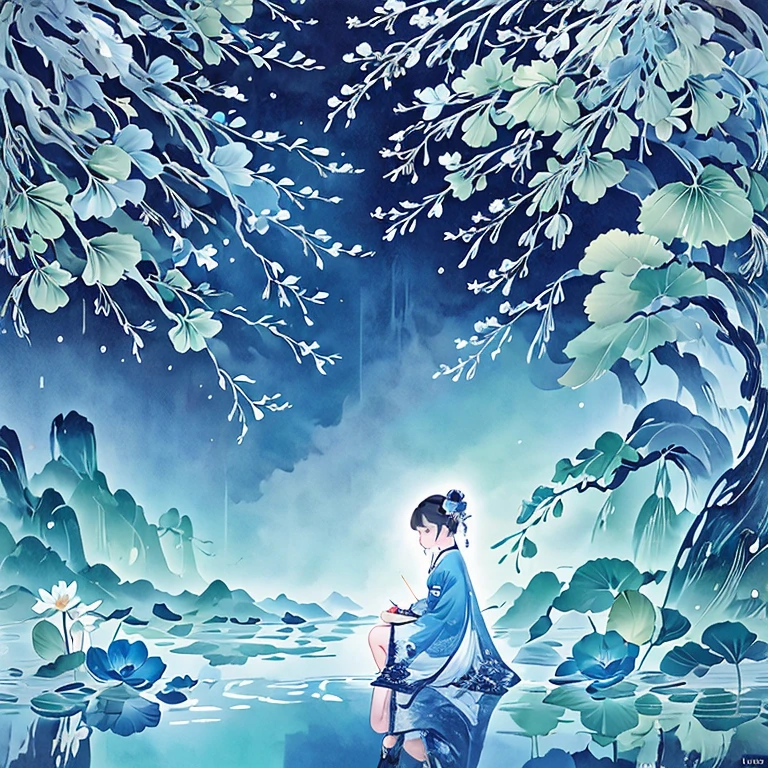 (masterpiece), (best quality), illustration, ultra detailed, hdr, Depth of field, (colorful), ,,This is a masterpiece that exudes exceptional quality. The illustration is ultra-detailed, utilizing HDR technology to create a sense of depth. The subject matter is an original, delicate, and beautiful artwork, vibrant with color and filled with fantastical elements. The girl is sitting by a deep sea, surrounded by flowing water, with a dull blue World Tree in the background, situated in a cemetery. The serene and dreamy atmosphere gives the entire scene a soulful and enchanting quality. Her pale complexion, azure blue eyes that glow, and silver hair adorned with flowers create a captivating portrait. She wears a Lolita-inspired fashion, expressionless with her mouth closed. The backgrounds range from white, transparent, circular options, and there are also flying translucent blue butterflies that add a sense of liveliness to the piece.