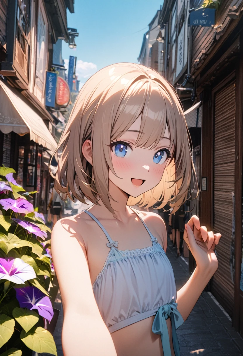 1 girl, 18yo, (flat chest: 1.5), blue eyes, light brown hair, bob cut, summer outfit, smile, open mouth, many potted morning glories, colorful morning glory flowers, upper body, shopping street, bule sky, 8k, RAW photo, best quality, masterpiece, extremely detailed 8k wallpaper, ultra-detailed, best shadow, detailed background, beautiful detailed face, beautiful detailed eyes, nice hands, perfect hands