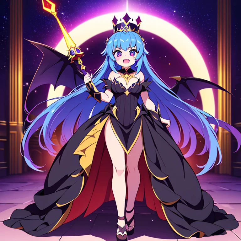 Full body, beautiful eyes , 1 girl , full body , cute girl , anime style , cute eyes , (standing up) , ( Eclipserra has a sleek, serpentine body covered in dark, iridescent scales that shimmer with hints of deep purple and midnight blue. Its eyes glow with a fierce, red light that can pierce through the shadows. The Pokémon's wings are enormous, bat-like structures that, when fully extended, blot out the light, creating an eclipse-like effect. Eclipserra's claws and fangs are razor-sharp, and its tail ends in a spiked, whip-like appendage., (ball gown) , crown , hidden legs ,( princess) , (ballgown covers legs)