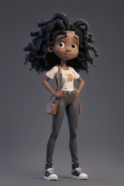 a black woman, curly hair at face length. she's standing, hands extended along the sensual body, wears black pants, fair, and an open orange coat, showing a white t-shirt, dark blue heel shoes, behind her a white background