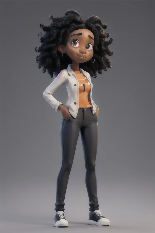 a black woman, curly hair at face length. she's standing, hands extended along the sensual body, wears black pants, fair, and an open orange coat, showing a white t-shirt, dark blue heel shoes, behind her a white background