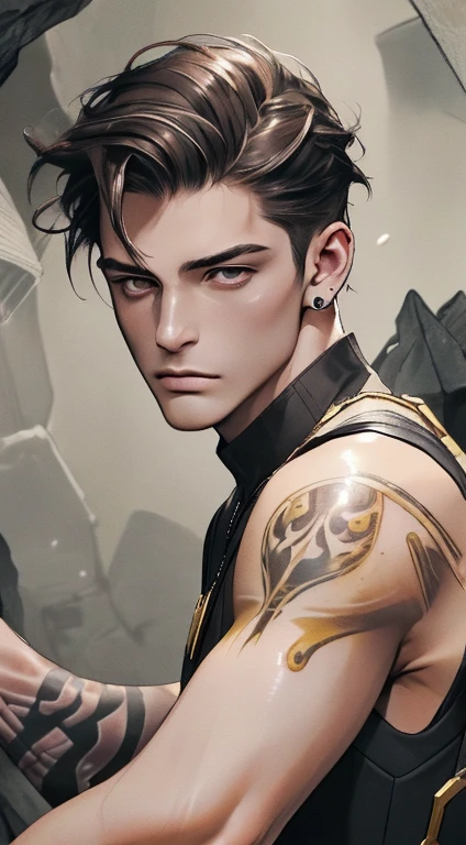 (((8K, RAW photos, Best quality, tmasterpiece: 1.4))), Ultra-high resolution, ultra - detailed, lamplight, Close-up cleavage, Handsome men, gold eyes, (Detailed eyes, The eyes are bright:1.2), Medium long red hair, pale-skinned, ear piercings, Dark, Blackn clothes, Meticulous clothes, gold accessories on clothes, (perfect anatomia:1.2), Highqualityshadow, natural lightting, (White highlights:1.2), natta, overcast day, (arm tattoos:1.2), (starrysky:1.2),Masterpiece, high quality, best quality, HD, realistic, perfect lighting, detailed body, 1 man, dark White hair , face expression, black military suit, in the cave,