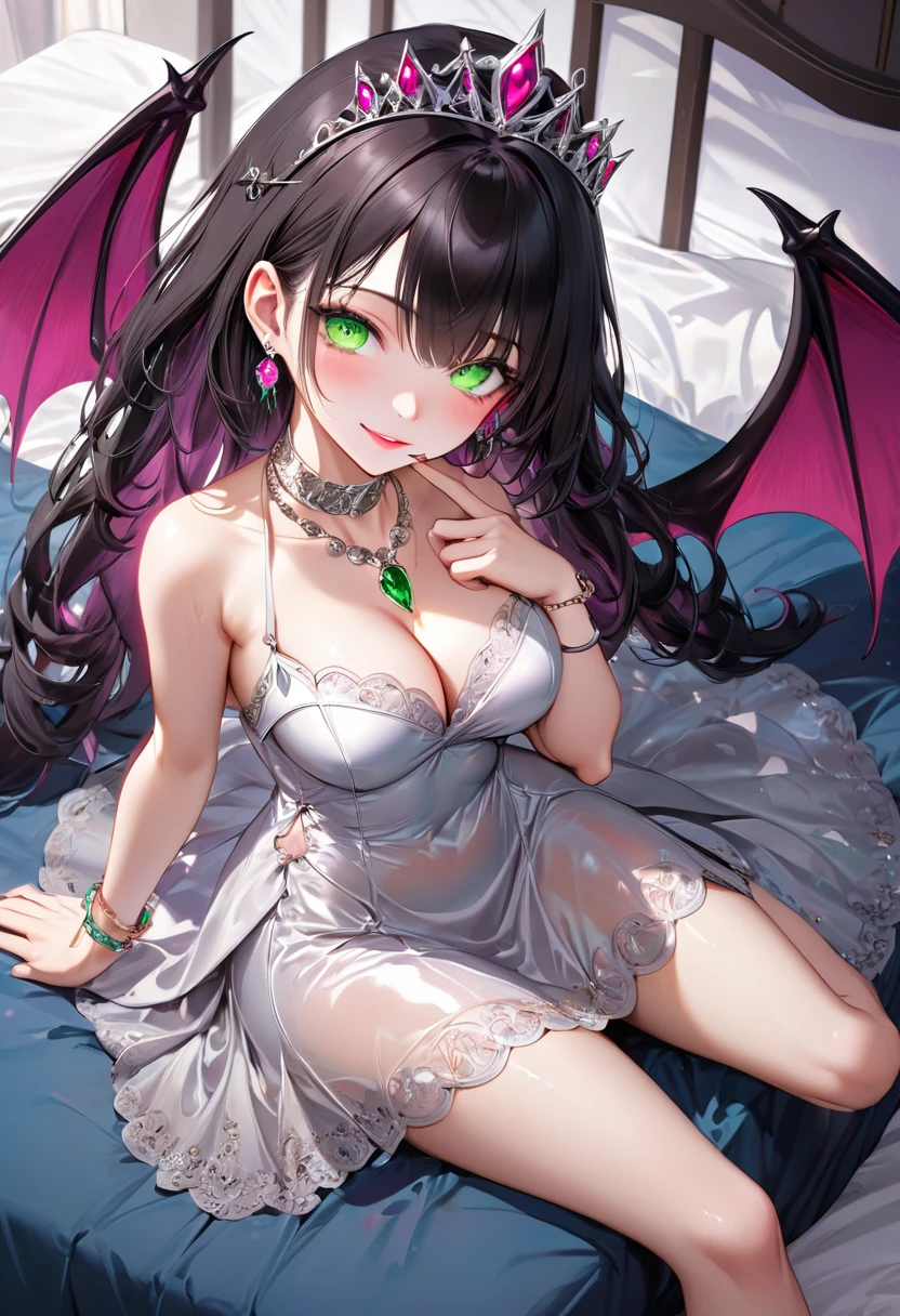 1 female,(Detailed Description,Unbelievably absurd,High resolution,8k wallpaper,masterpiece,Highest quality,Regional Depth,Anatomically accurate depiction,A face with attention to detail, Eye on the details,Perfect body,Two beautiful hands, Five perfect fingers),(Glowing Skin,Shiny skin,Oilskin),((Succubus disguised as a princess in an intricate white dress)),(7 Colorful Princess Dresses,Luxury Accessories,necklace,Earrings,bracelet,Gorgeous tiara),eyelash,(Mysteriously glowing green eyes,There is cleavage in the chest,smile,Glossy lipstick,Get on all fours),Sweat,(whole body),(background:On the bed),(From above:1.2),Pink Air