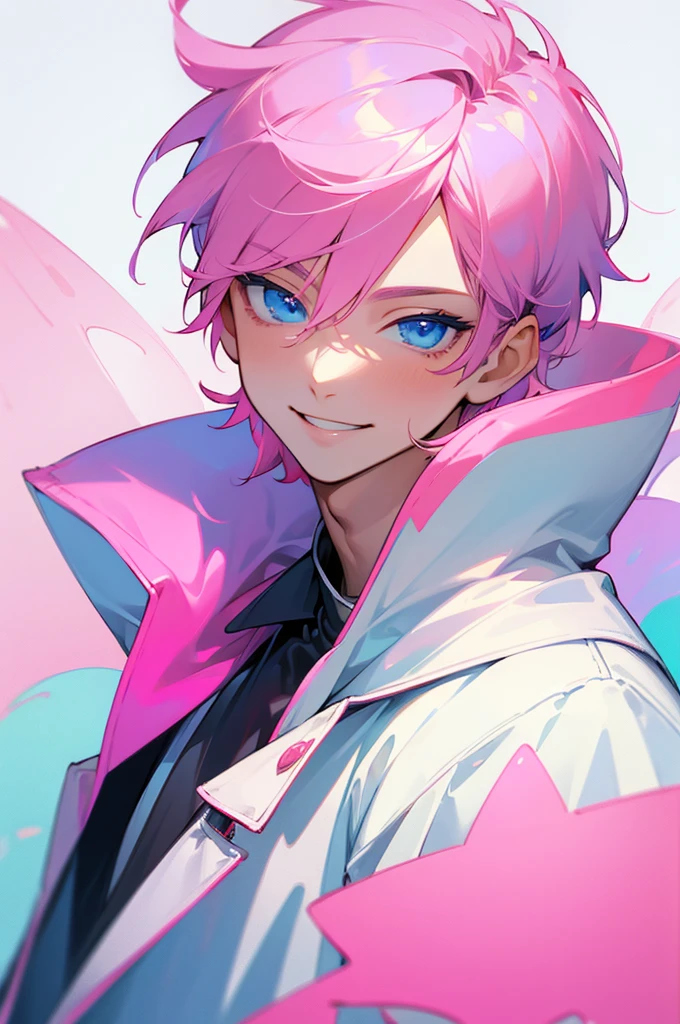 Masterpiece, highres, best quality, solo, 1 male, short hair, pink hair, blue eyes, white coat, smile facial, pastels, candy
