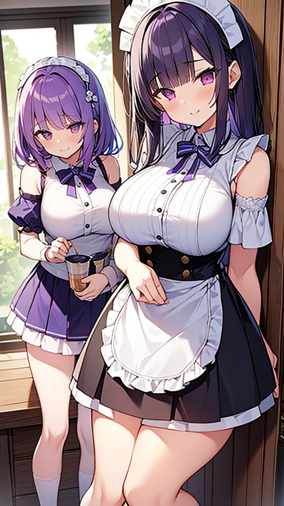 最high quality, high quality, Super detailed, 32k, Ultra-detailed details, 2 girls, With maid(only, pretty girl, beautiful purple hair, Beautiful purple eyes, Big Breasts, A light smile, Red eyes, Off-the-shoulder sleeveless Summer clothes, Summer casual maid clothes, Short skirt, Blue and white color striped underwear, Black knee socks, My crotch is wet with love juice, 18-year-old,cute),  with my sister(Cute face, Chest is medium, ), {{Witness the maid peeling off the skin of her sister&#39;s face and replacing it with her own}}, NSFW