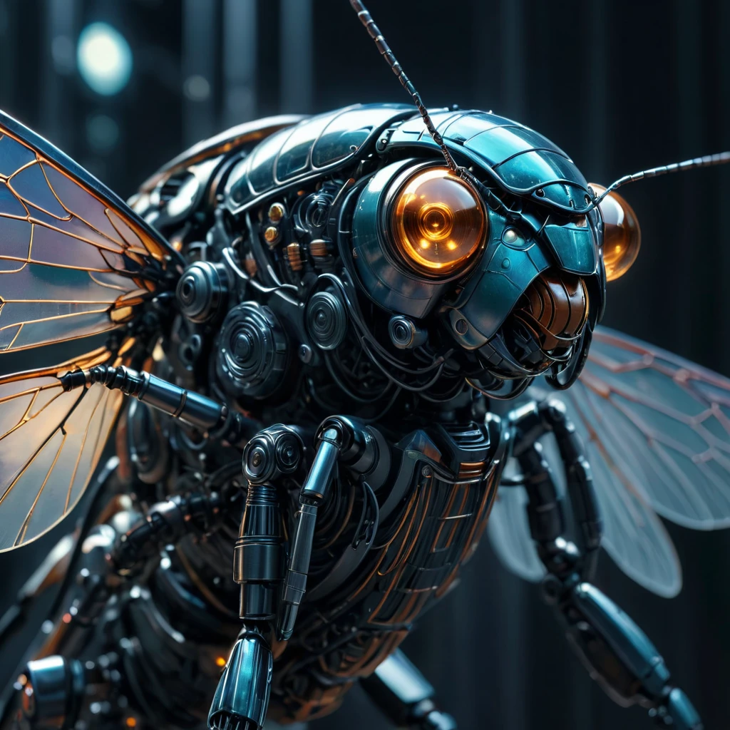 Cinematographic frame of a translucent. (Robot-like cybernetic cicada:1.5), (shiny veins:1.3) (cables that go to the body, circuits:1.3), extremely detailed,, viñeta, Very detailed, high budget, bokeh, moody, epic, gorgeous, film grain, Realistic grainy masterpiece, best high quality, perfect details, intricate details, good lighting, detailed background,