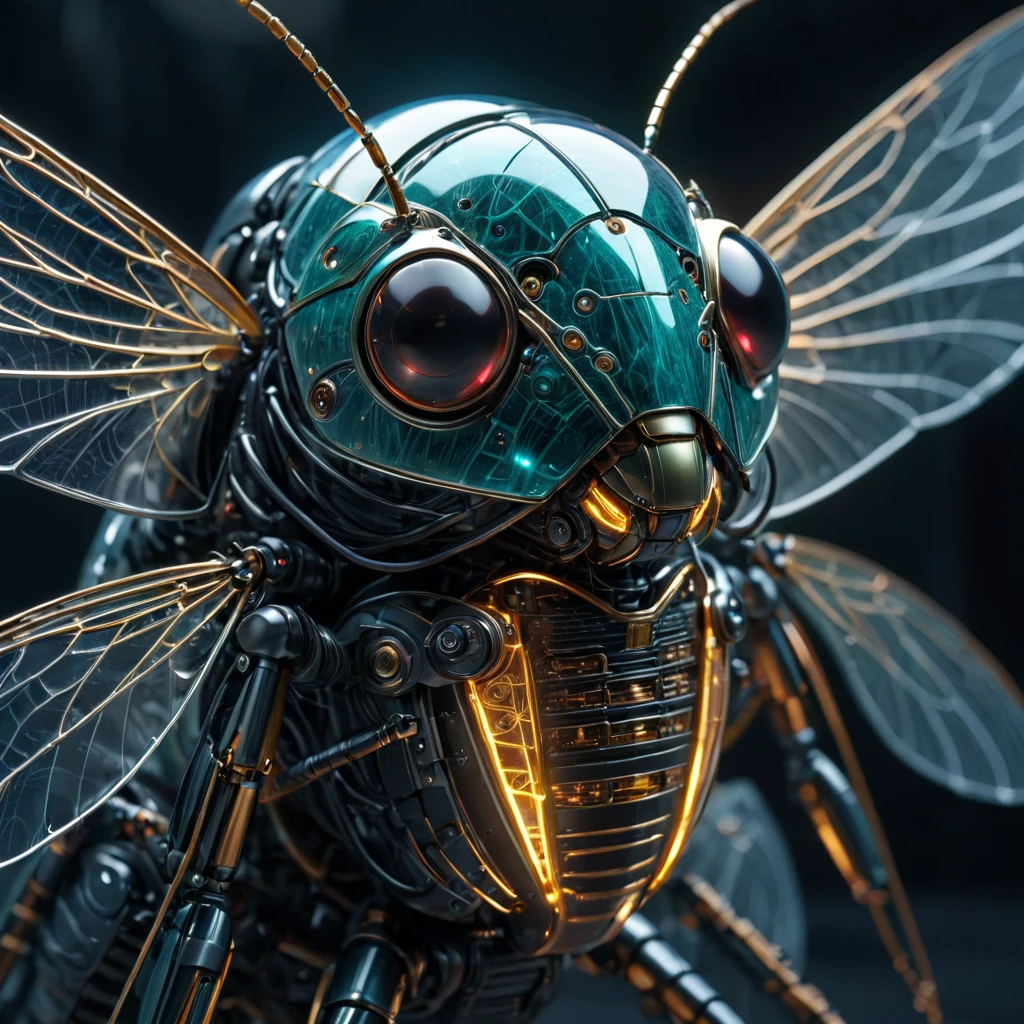 Cinematographic frame of a translucent. (Robot-like cybernetic cicada:1.5), (shiny veins:1.3) (cables that go to the body, circuits:1.3), extremely detailed,, viñeta, Very detailed, high budget, bokeh, moody, epic, gorgeous, film grain, Realistic grainy masterpiece, best high quality, perfect details, intricate details, good lighting, detailed background,