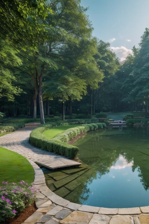 a serene place, very nice, beautiful, calm and beautifully landscaped. photorealistic, 8k hd, Studio quality, ultra realistic, maximum detail, big scale, Post processing, photorealistic, photorealistic, photoshop, Photography, detailed, cinematic lighting, landscape, panorama, scenery, ray tracing, cine4d